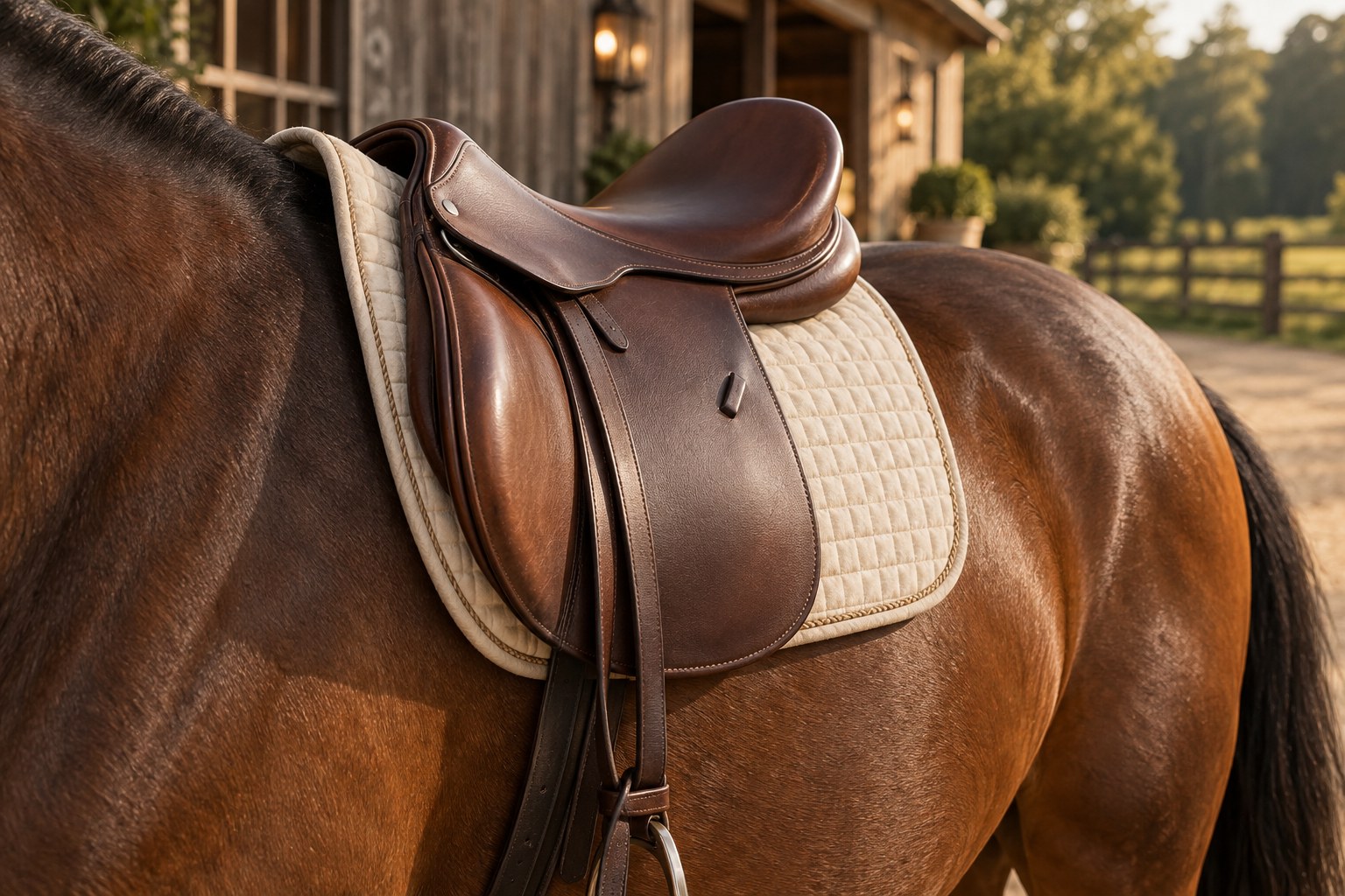 Brown leather saddle on a horse in warm afternoon light